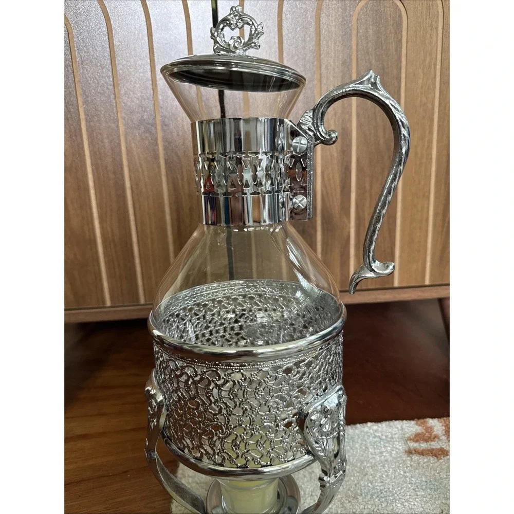 Vintage Silver Plated Carafe Pitcher with Heat Proof Glass & Warmer Stand